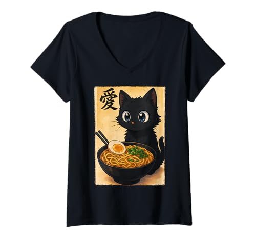 Damen Funny Cat Ramen Graphic Japanese Kawaii Manga Anime T-Shirt mit V-Ausschnitt Damen Funny Cat Ramen Graphic Japanese Kawaii Manga Anime T-Shirt mit V-Ausschnitt von Cat Love Ramen Japanese Cat Owner
