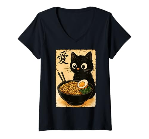 Damen Funny Cat Ramen Graphic Japanese Kawaii Manga Anime T-Shirt mit V-Ausschnitt Damen Funny Cat Ramen Graphic Japanese Kawaii Manga Anime T-Shirt mit V-Ausschnitt von Cat Love Ramen Japanese Cat Owner