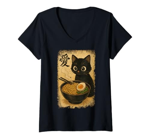 Damen Funny Cat Ramen Graphic Japanese Kawaii Manga Anime T-Shirt mit V-Ausschnitt Damen Funny Cat Ramen Graphic Japanese Kawaii Manga Anime T-Shirt mit V-Ausschnitt von Cat Love Ramen Japanese Cat Owner