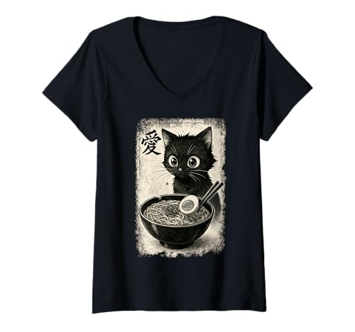 Damen Funny Cat Ramen Graphic Japanese Kawaii Manga Anime T-Shirt mit V-Ausschnitt Damen Funny Cat Ramen Graphic Japanese Kawaii Manga Anime T-Shirt mit V-Ausschnitt von Cat Love Ramen Japanese Cat Owner