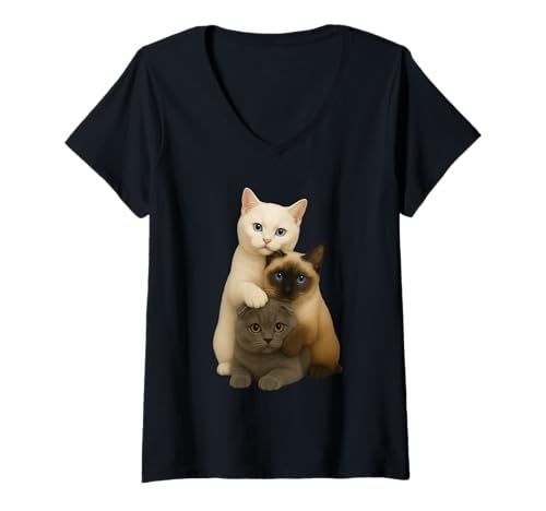 Damen Britisch Kurzhaar Siamese Scottish Fold T-Shirt mit V-Ausschnitt von Cat Love