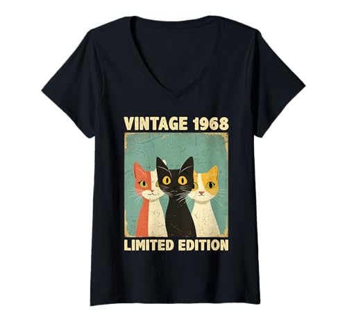 Damen Lustiges 57 Jahre altes Geschenk Vintage 1968 Katzenliebhaber 57. Geburtstag T-Shirt mit V-Ausschnitt von Cat Lover 57th Birthday Gifts