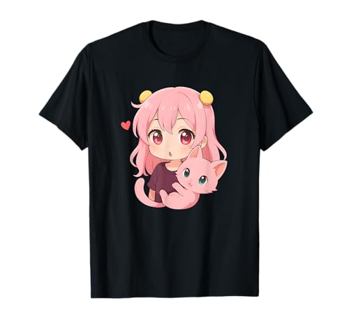 Niedliches Anime-Mädchen mit rosa Haaren hält eine rosa Katze T-Shirt von Cat Lover Anime Style Girl Pet Cat Design