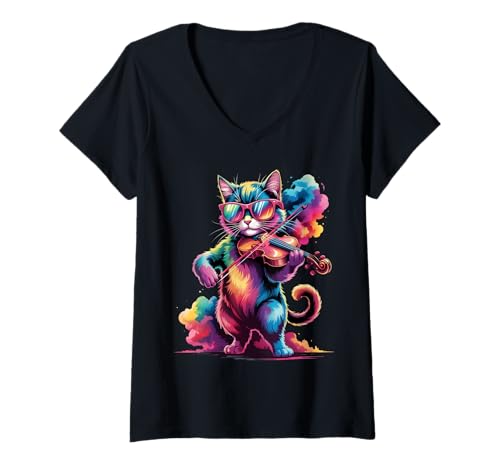 Damen Bunte Farbspritzer, Motiv: Katze spielt Violine T-Shirt mit V-Ausschnitt Damen Bunte Farbspritzer, Motiv: Katze spielt Violine T-Shirt mit V-Ausschnitt von Cat Lover Apparel & Arts Graphics
