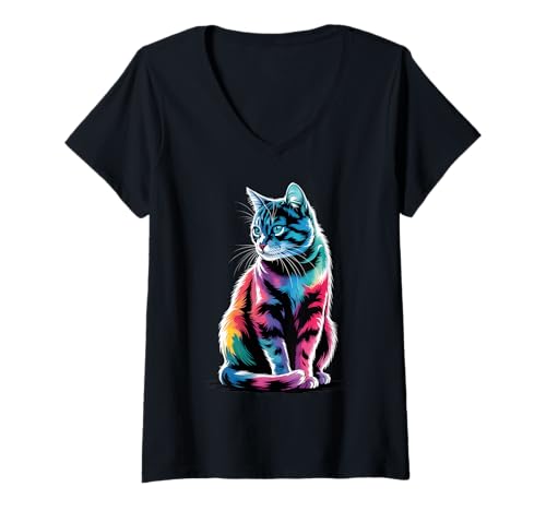 Damen Bunte Farbspritzer im Katzen-Poster-Stil T-Shirt mit V-Ausschnitt Damen Bunte Farbspritzer im Katzen-Poster-Stil T-Shirt mit V-Ausschnitt von Cat Lover Apparel & Arts