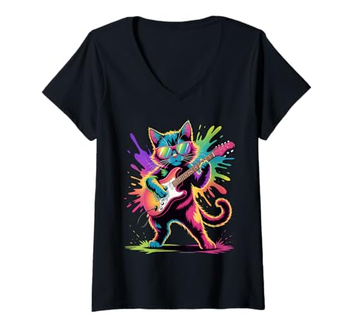 Damen Gitarren-Katzen-Poster-Stil, Bunte Farbspritzer, Kunstgrafik T-Shirt mit V-Ausschnitt Damen Gitarren-Katzen-Poster-Stil, Bunte Farbspritzer, Kunstgrafik T-Shirt mit V-Ausschnitt von Cat Lover Apparel & Arts