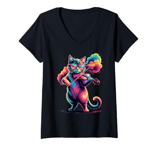 Damen Violine Katze Poster Stil Bunte Farbspritzer Kunst Grafik T-Shirt mit V-Ausschnitt Damen Violine Katze Poster Stil Bunte Farbspritzer Kunst Grafik T-Shirt mit V-Ausschnitt von Cat Lover Apparel & Arts