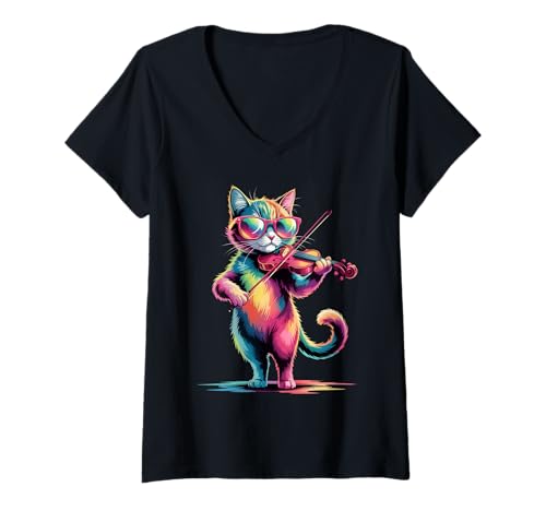 Damen Violine Katze Poster Stil Bunte Farbspritzer Kunst Grafik T-Shirt mit V-Ausschnitt von Cat Lover Apparel & Arts