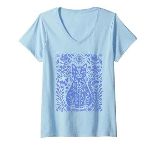 Damen Süße Volkskunst Katze mit Blumen T-Shirt mit V-Ausschnitt Damen Süße Volkskunst Katze mit Blumen T-Shirt mit V-Ausschnitt von Cat Lover Art