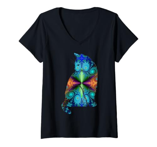 Damen Trippy Fractal Cat Silhouette Bunte abstrakte Kunst T-Shirt mit V-Ausschnitt Damen Trippy Fractal Cat Silhouette Bunte abstrakte Kunst T-Shirt mit V-Ausschnitt von Cat Lover Club