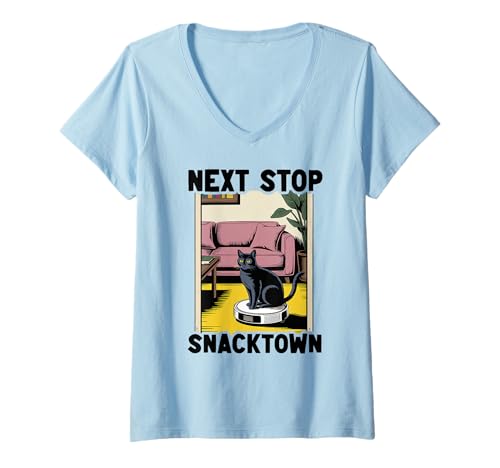 Damen Next Stop Snacktown Cat Saugroboter Katze T-Shirt mit V-Ausschnitt von Cat Lover Designs