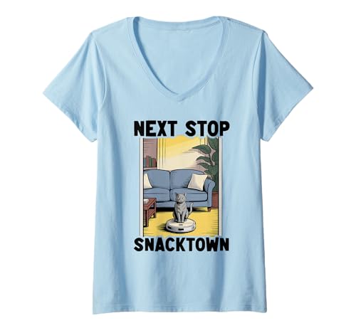 Damen Next Stop Snacktown Cat Saugroboter Katze T-Shirt mit V-Ausschnitt von Cat Lover Designs