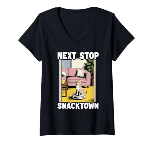 Damen Next Stop Snacktown Cat Saugroboter Katze T-Shirt mit V-Ausschnitt von Cat Lover Designs