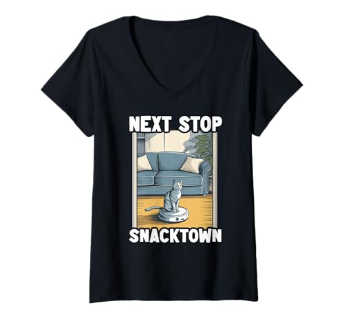Damen Next Stop Snacktown Cat Saugroboter Katze T-Shirt mit V-Ausschnitt von Cat Lover Designs