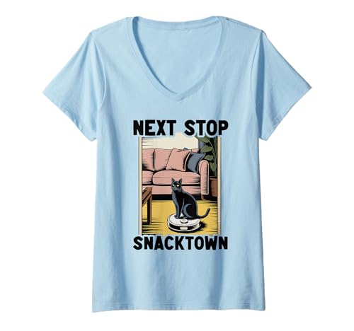 Damen Next Stop Snacktown Cat Saugroboter Katze T-Shirt mit V-Ausschnitt von Cat Lover Designs