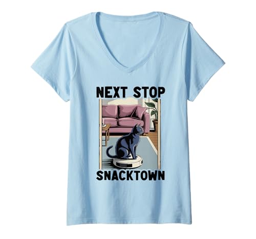 Damen Next Stop Snacktown Cat Saugroboter Katze T-Shirt mit V-Ausschnitt von Cat Lover Designs