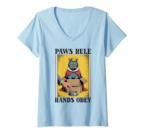 Damen Paws Rule Hands Obey Katzenliebhaber Katze in Box Lustige Katze T-Shirt mit V-Ausschnitt von Cat Lover Designs