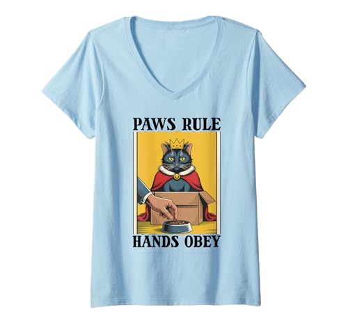 Damen Paws Rule Hands Obey Katzenliebhaber Katze in Box Lustige Katze T-Shirt mit V-Ausschnitt von Cat Lover Designs