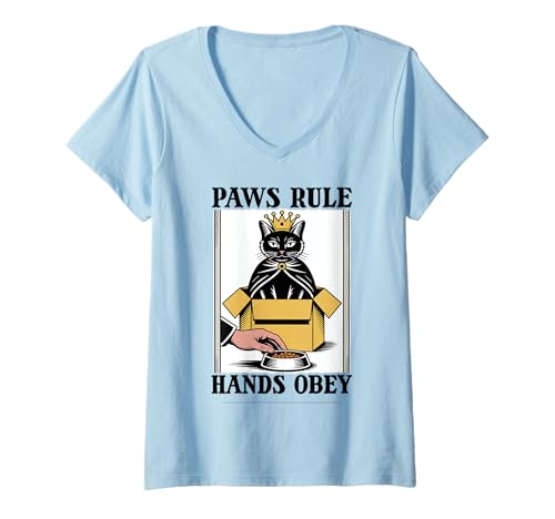 Damen Paws Rule Hands Obey Katzenliebhaber Katze in Box Lustige Katze T-Shirt mit V-Ausschnitt von Cat Lover Designs