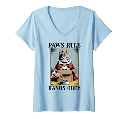 Damen Paws Rule Hands Obey Katzenliebhaber Katze in Box Lustige Katze T-Shirt mit V-Ausschnitt von Cat Lover Designs