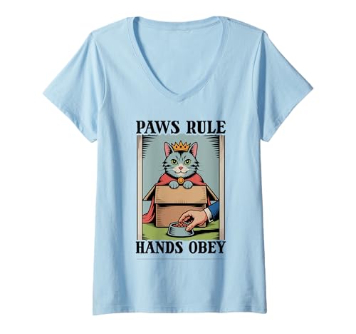 Damen Paws Rule Hands Obey Katzenliebhaber Katze in Box Lustige Katze T-Shirt mit V-Ausschnitt von Cat Lover Designs