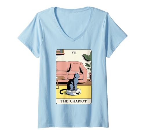 Damen The Chariot Tarotkarte Katze Roboter Staubsauger Katze T-Shirt mit V-Ausschnitt von Cat Lover Designs