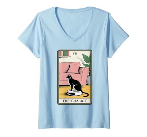 Damen The Chariot Tarotkarte Katze Roboter Staubsauger Katze T-Shirt mit V-Ausschnitt von Cat Lover Designs