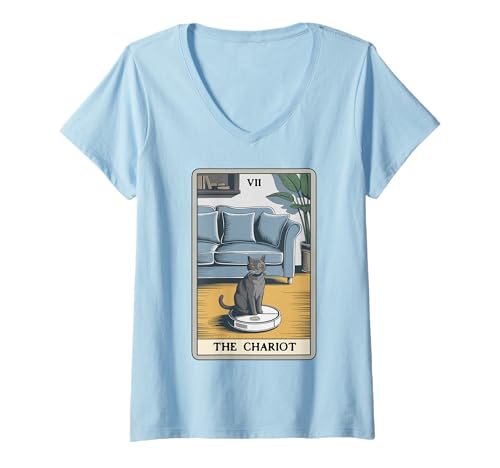 Damen The Chariot Tarotkarte Katze Roboter Staubsauger Katze T-Shirt mit V-Ausschnitt von Cat Lover Designs