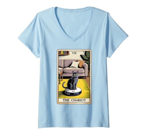 Damen The Chariot Tarotkarte Katze Roboter Staubsauger Katze T-Shirt mit V-Ausschnitt von Cat Lover Designs