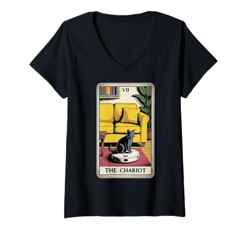 Damen The Chariot Tarotkarte Katze Roboter Staubsauger Katze T-Shirt mit V-Ausschnitt von Cat Lover Designs