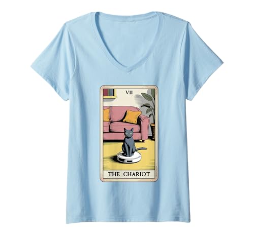 Damen The Chariot Tarotkarte Katze Roboter Staubsauger Katze T-Shirt mit V-Ausschnitt von Cat Lover Designs