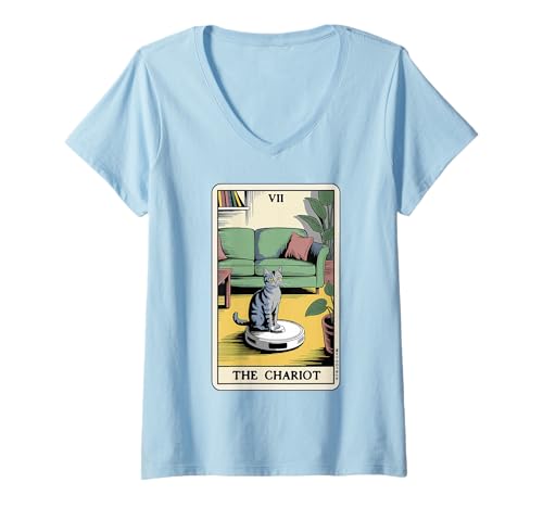 Damen The Chariot Tarotkarte Katze Roboter Staubsauger Katze T-Shirt mit V-Ausschnitt von Cat Lover Designs