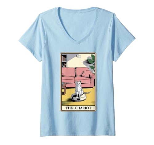 Damen The Chariot Tarotkarte Katze Roboter Staubsauger Katze T-Shirt mit V-Ausschnitt von Cat Lover Designs