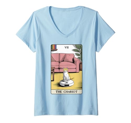 Damen The Chariot Tarotkarte Katze Roboter Staubsauger Katze T-Shirt mit V-Ausschnitt von Cat Lover Designs