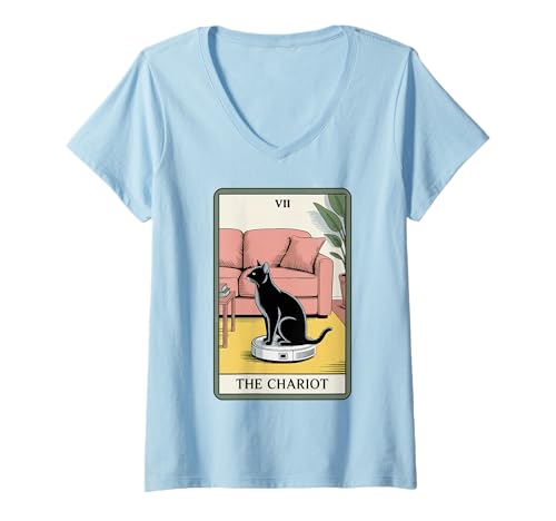 Damen The Chariot Tarotkarte Katze Roboter Staubsauger Katze T-Shirt mit V-Ausschnitt von Cat Lover Designs
