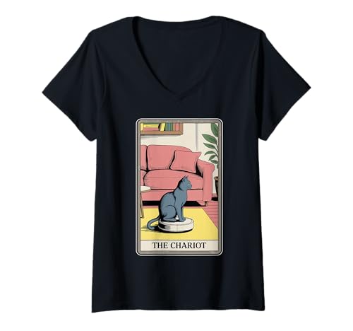 Damen The Chariot Tarotkarte Katze Roboter Staubsauger Katze T-Shirt mit V-Ausschnitt von Cat Lover Designs