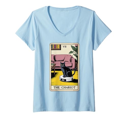 Damen The Chariot Tarotkarte Katze Roboter Staubsauger Katze T-Shirt mit V-Ausschnitt von Cat Lover Designs