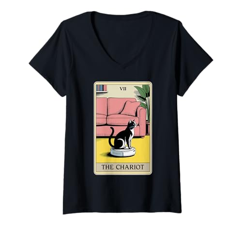 Damen The Chariot Tarotkarte Katze Roboter Staubsauger Katze T-Shirt mit V-Ausschnitt von Cat Lover Designs