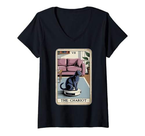 Damen The Chariot Tarotkarte Katze Roboter Staubsauger Katze T-Shirt mit V-Ausschnitt von Cat Lover Designs