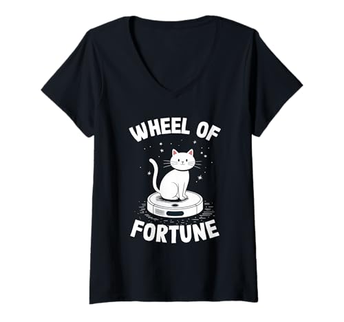 Damen Wheel of Fortune Roboterstaubsauger Lustige Katze T-Shirt mit V-Ausschnitt von Cat Lover Designs