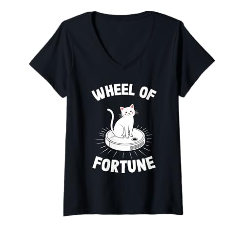 Damen Wheel of Fortune Roboterstaubsauger Lustige Katze T-Shirt mit V-Ausschnitt von Cat Lover Designs