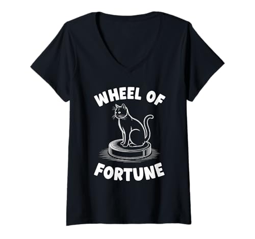 Damen Wheel of Fortune Roboterstaubsauger Lustige Katze T-Shirt mit V-Ausschnitt von Cat Lover Designs
