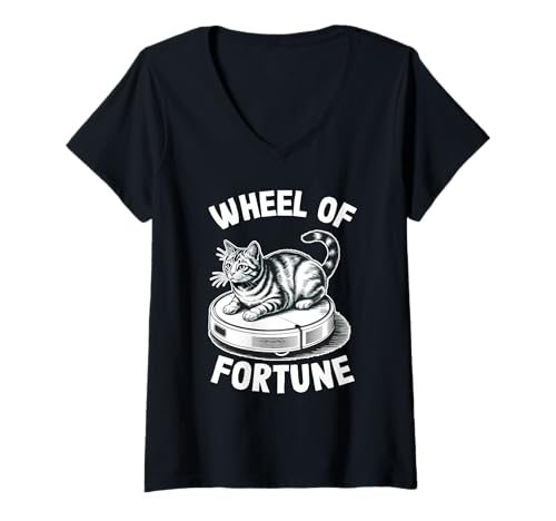 Damen Wheel of Fortune Roboterstaubsauger Lustige Katze T-Shirt mit V-Ausschnitt von Cat Lover Designs