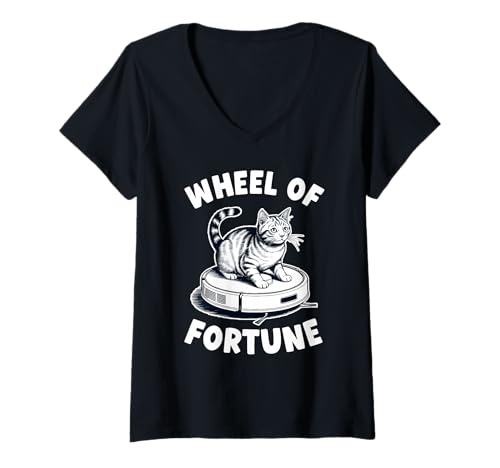 Damen Wheel of Fortune Roboterstaubsauger Lustige Katze T-Shirt mit V-Ausschnitt von Cat Lover Designs