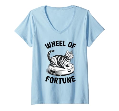 Damen Wheel of Fortune Roboterstaubsauger Lustige Katze T-Shirt mit V-Ausschnitt von Cat Lover Designs