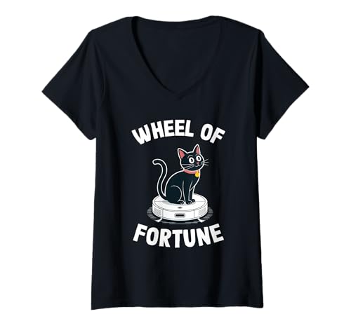Damen Wheel of Fortune Roboterstaubsauger Lustige Katze T-Shirt mit V-Ausschnitt von Cat Lover Designs