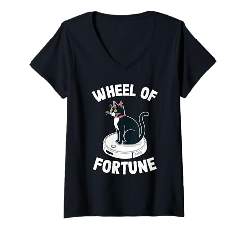 Damen Wheel of Fortune Roboterstaubsauger Lustige Katze T-Shirt mit V-Ausschnitt von Cat Lover Designs