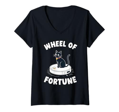 Damen Wheel of Fortune Roboterstaubsauger Lustige Katze T-Shirt mit V-Ausschnitt von Cat Lover Designs