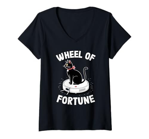 Damen Wheel of Fortune Roboterstaubsauger Lustige Katze T-Shirt mit V-Ausschnitt von Cat Lover Designs