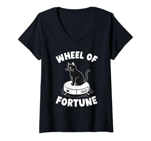 Damen Wheel of Fortune Roboterstaubsauger Lustige Katze T-Shirt mit V-Ausschnitt von Cat Lover Designs
